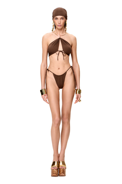 LYCRA BIKINI SET TOP WITH METAL CHOCKER AND BOTTOM COLOR CHOCOLATE