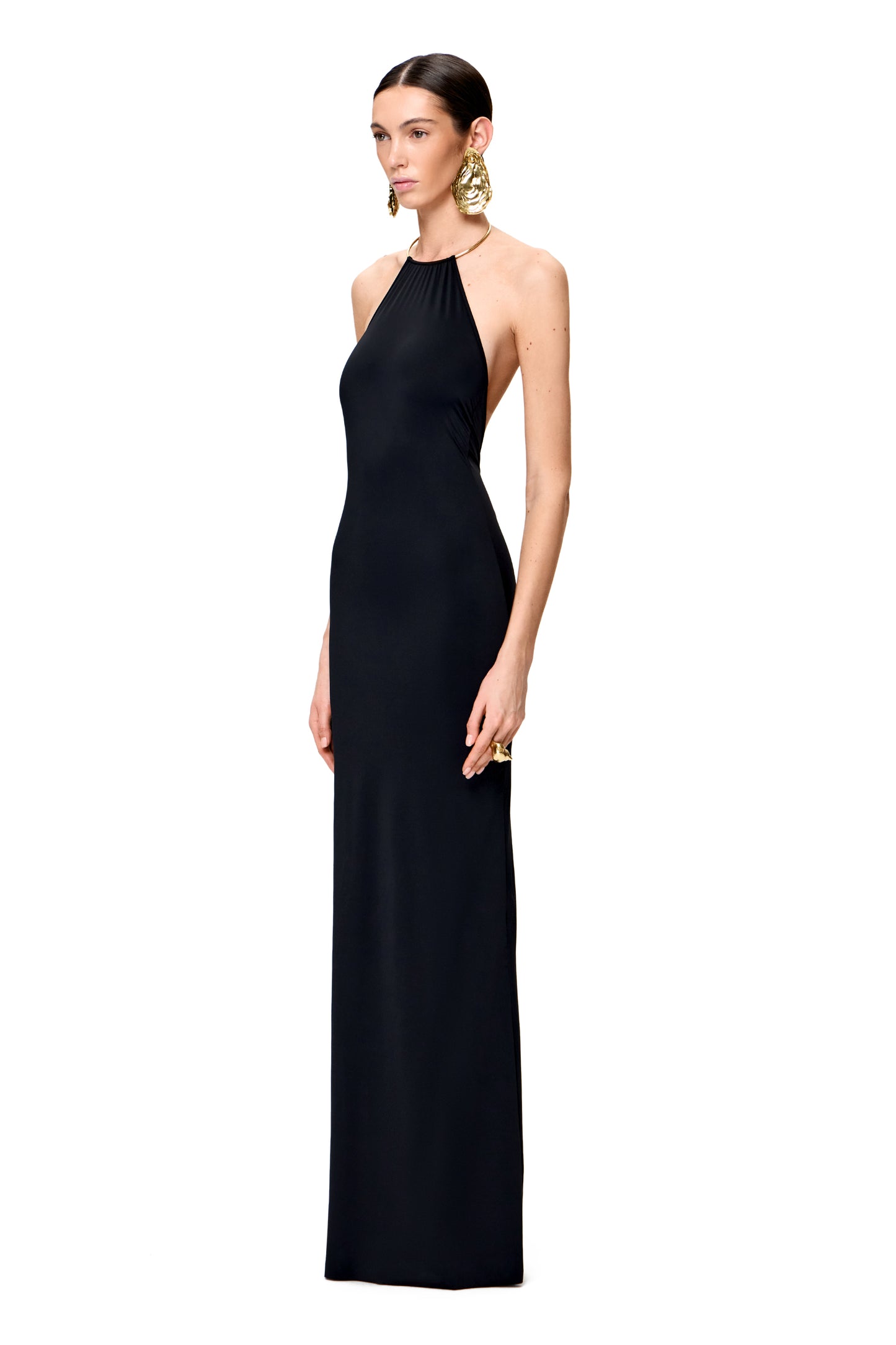 LYCRA MAXI DRESS METAL RING CHOCKER  BLACK