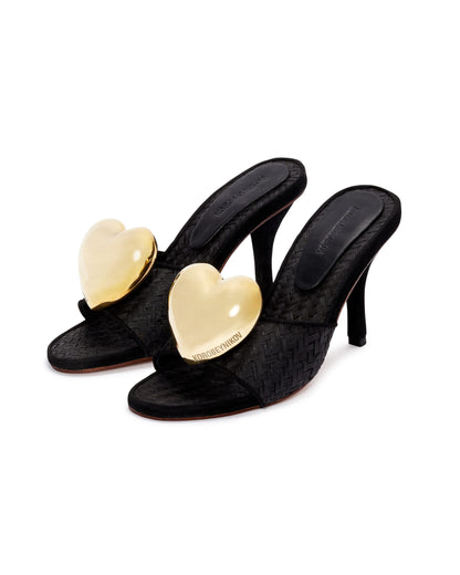 SANDALS IN RATAN AND LEATHER WITH METAL GOLD HEART BUCKLE