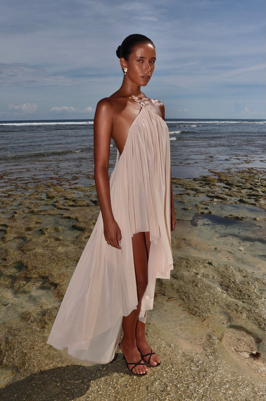 JERSEY ASYMMETRICAL DRESS WITH CHOKER HOOK BEIGE
