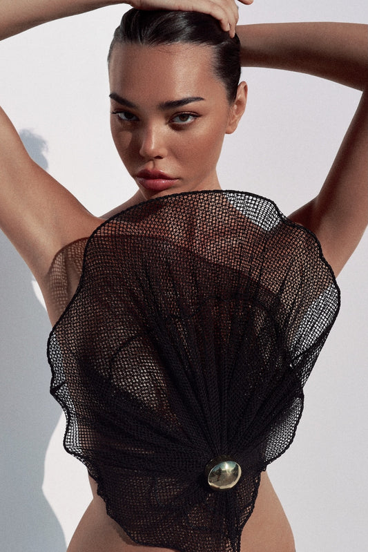 SET COUTURE MESH TOP WITH BASE METAL PEARL-BUTTON AND HIGH SLIT MAXI SKIRT BLACK
