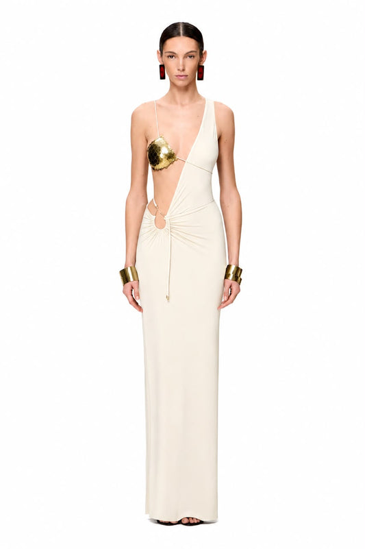 COUTURE ASYMMETRICAL MAXI DRESS WITH HANDMADE METAL BODY DECOR COLOR MILK