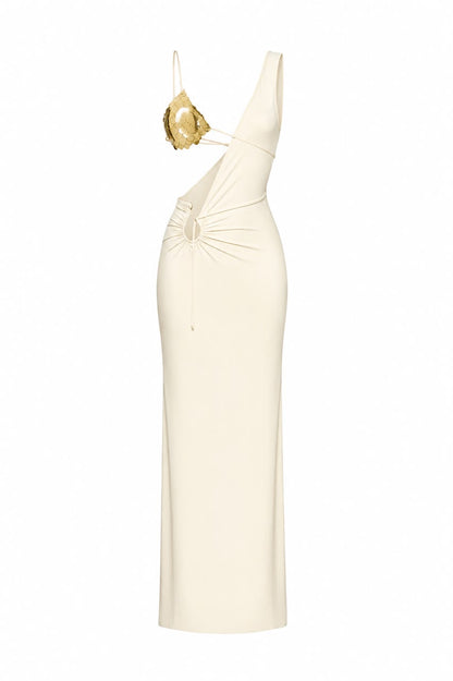 COUTURE ASYMMETRICAL MAXI DRESS WITH HANDMADE BASE METAL BODY ACCESSORY COLOR MILK