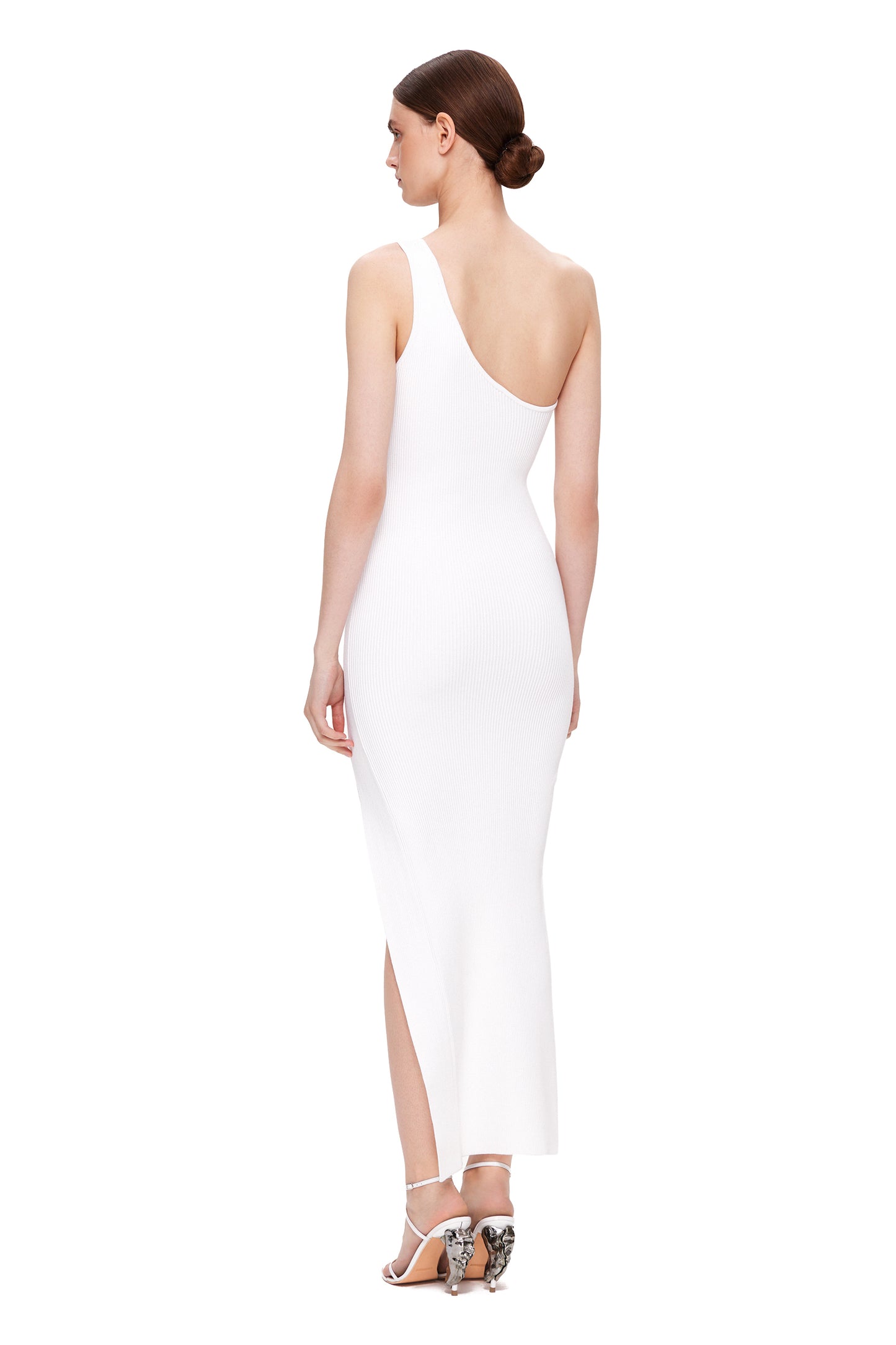 KNIT ASYMMETRICAL COUTURE DRESS WITH V-NECKLINE AND OPEN LEG