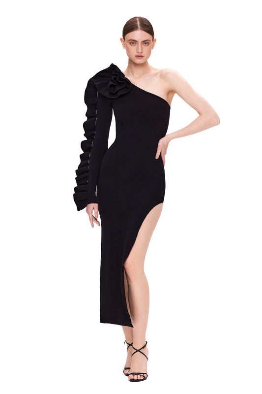 KNIT COUTURE ASYMMETRIC DRESS WITH DECOR AND HIGH SLIT